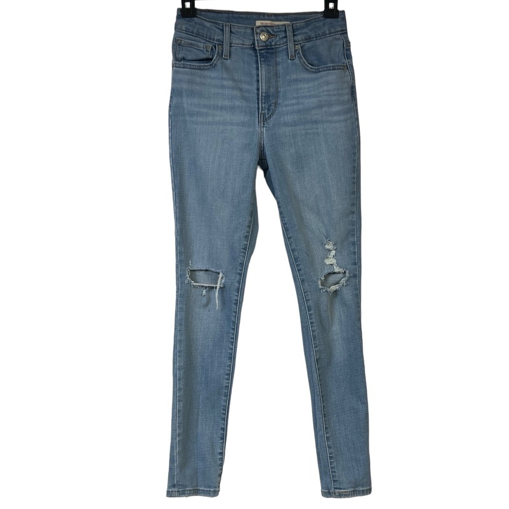 Levis Jeans 26 721 High Rise Skinny‎ Light Wash Distressed Fringe Knees Denim